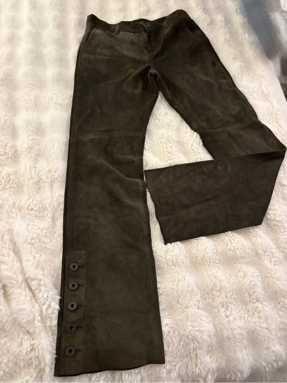 Ralph Lauren olive green women's suede bootleg pant.